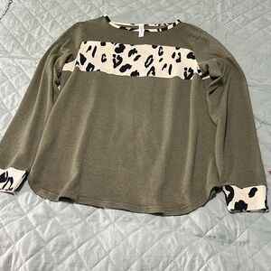 Olive Green and Leopard Print Long Sleeve Top size Lg